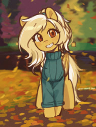 Size: 1430x1889 | Tagged: safe, artist:cottonsweets, derpibooru import, oc, oc only, oc:mareota, pegasus, autumn, clothes, female, grin, head tilt, leaves, mare, outdoors, pegasus oc, smiling, sweater