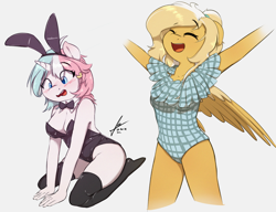 Size: 4188x3224 | Tagged: safe, artist:potato22, derpibooru import, oc, oc only, oc:cottonsweets, oc:mareota, anthro, pegasus, unicorn, breasts, bunny ears, bunny suit, clothes, duo, duo female, female, horn, socks, thigh highs