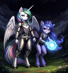 Size: 896x960 | Tagged: safe, ai content, derpibooru import, machine learning generated, princess celestia, princess luna, alicorn, anthro, anonymous prompter, armor, clothes, duo, duo female, fantasy, female, foal, forest, hooves, jewelry, magic, nature, night, royal sisters, siblings, sisters, spell, tree, young, younger