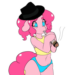 Size: 1024x1024 | Tagged: safe, artist:tolsticot, derpibooru import, editor:popusk, pinkie pie, earth pony, semi-anthro, g4, adorasexy, alternate hairstyle, belly, belly button, bloodshot eyes, blue underwear, blunt, clothes, cute, diapinkes, drug use, drugs, fedora, female, hat, hoof hold, lidded eyes, mare, marijuana, midriff, no pupils, panties, pigtails, pinkie high, sexy, shorts, simple background, smoking, solo, tanktop, underwear, white background