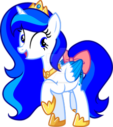 Size: 1280x1441 | Tagged: safe, artist:whiteplumage233, derpibooru import, oc, oc only, oc:luna sky, alicorn, pony, bow, colored wings, crown, deviantart watermark, female, jewelry, mare, obtrusive watermark, regalia, simple background, solo, tail, tail bow, transparent background, two toned wings, watermark, wings