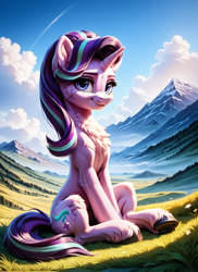 Size: 1024x1408 | Tagged: safe, ai content, derpibooru import, machine learning generated, starlight glimmer, pony, unicorn, g4, fluffy, horn, outdoors, prompter:ilham470, solo, thin