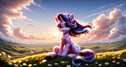 Size: 1680x896 | Tagged: safe, ai content, derpibooru import, machine learning generated, starlight glimmer, pony, unicorn, g4, female, fluffy, horn, mare, outdoors, prompter:ilham470, solo