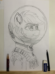 Size: 3024x4032 | Tagged: safe, artist:ciaran, derpibooru exclusive, derpibooru import, rainbow dash, pegasus, pony, g4, scare master, season 5, astrodash, astronaut, clothes, cosplay, costume, drafting board, eraser, female, halloween, helmet, hidden wings, holiday, hoof shoes, looking up, mare, mlp fim's fourteenth anniversary, nightmare night, nightmare night costume, pencil, pencil drawing, photo, simple background, smiling, solo, spacesuit, traditional art, white background