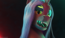 Size: 3000x1756 | Tagged: safe, artist:radiomann01, derpibooru import, queen chrysalis, changeling, changeling queen, g4, 3d, blender, blender cycles, gradient background, looking at you, open mouth, sharp teeth, smiling, teeth