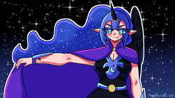 Size: 1920x1080 | Tagged: safe, artist:mylittleyuri, derpibooru import, nightmare moon, princess luna, human, alicorn humanization, belt, breasts, clothes, dress, elf ears, fangs, female, helmet, horn, horned humanization, humanized, night, solo, stars, winged humanization, wings