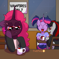 Size: 1000x1000 | Tagged: safe, artist:fruiitypieq, derpibooru import, tempest shadow, twilight sparkle, bat pony, hybrid, pony, undead, unicorn, vampire, vampony, g4, bat pony unicorn, blood, cafe, eyeball, female, goretober, goretober 2024, horn, indoors, mug