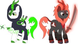 Size: 2560x1440 | Tagged: safe, artist:xada, derpibooru import, kirin, clothes, cloven hooves, duo, green eyes, green tail, hood, hoof hold, katana, kenjutsu, kirin-ified, magic, makeup, martial arts, mask, red coat, red eyes, red mane, red tail, roblox, rope, shoes, shuriken, shurikenjutsu, simple background, species swap, sword, tail, tattoo, telekinesis, transparent background, weapon, white coat