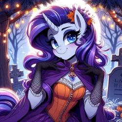 Size: 1024x1024 | Tagged: source needed, safe, ai content, derpibooru import, generator:dall-e 3, machine learning generated, rarity, anthro, g4, blushing, breasts, cape, clothes, corset, costume, dress, gloves, graveyard, halloween, halloween costume, holiday, lights, looking at you, moon, night, outdoors, prompter needed, smiling, solo, tree