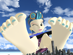 Size: 5000x3750 | Tagged: safe, artist:dragonalex555, derpibooru import, indigo zap, equestria girls, friendship games, g4, 3d, barefoot, electric guitar, feet, fetish, foot fetish, giant human, guitar, guitar solo, looking at you, mega giant, mmd, musical instrument, nail polish, one eye closed, outdoors, playing guitar, playing instrument, scrunching toes, singing, toenail polish, toenails, toes, wink, winking at you