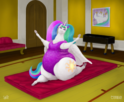 Size: 1400x1155 | Tagged: safe, artist:soobel, derpibooru import, bulk biceps, princess celestia, alicorn, pony, g4, chubbylestia, exercise, fat, flexible, gym, indoors, looking at you, obese, poster, splits