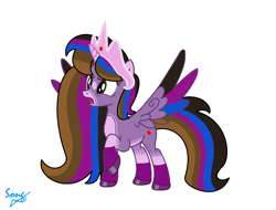 Size: 1324x1004 | Tagged: safe, artist:brightstar40k, derpibooru import, oc, oc only, oc:princess kincade, alicorn, pony, alicorn oc, horn, rainbow power, raised hoof, raised leg, simple background, solo, spread wings, white background, wings