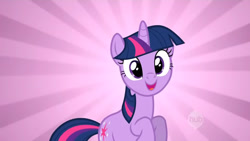 Size: 1280x720 | Tagged: safe, derpibooru import, screencap, twilight sparkle, unicorn twilight, pony, unicorn, g4, horn, hub logo, logo, solo, the hub