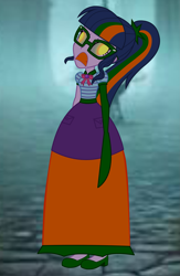 Size: 2219x3412 | Tagged: safe, artist:cartoonmasterv3, derpibooru import, sci-twi, twilight sparkle, human, undead, zombie, equestria girls, g4, clothes, disguise, dress, halloween, halloween 2024, holiday, infected, long dress, long skirt, skirt, solo