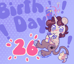 Size: 2300x2000 | Tagged: safe, artist:bishopony, derpibooru import, oc, oc only, oc:doodlebug, classical unicorn, pony, unicorn, big eyes, birthday, birthday art, blush scribble, blushing, coat markings, colored hooves, facial markings, freckles, halftone effect, high res, hoof hold, hooves, horn, leg markings, leonine tail, looking at you, magic, mismatched hooves, multicolored hooves, no pupils, no sclera, party horn, ponysona, present, shiny hooves, signature, smiling, smiling at you, solo, spots, tail, two toned coat, unicorn horn, unshorn fetlocks