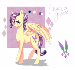 Size: 2288x2145 | Tagged: safe, artist:yozora122, derpibooru import, oc, oc only, oc:lavander gleam, pegasus, pony, abstract background, ear piercing, earring, jewelry, magical lesbian spawn, male, next generation, offspring, parent:fluttershy, parent:rarity, parents:flarity, piercing, reference sheet, solo, stallion