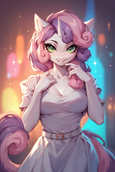 Size: 896x1344 | Tagged: safe, ai content, derpibooru import, generator:stable diffusion, machine learning generated, sweetie belle, anthro, unicorn, g4, abstract background, breasts, cleavage, clothes, dress, ear fluff, ears, female, horn, looking at you, mare, older, older sweetie belle, prompter:saberclaw1x, smiling, smiling at you, solo, white dress