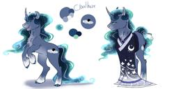 Size: 2900x1500 | Tagged: safe, artist:yozora122, derpibooru import, oc, oc only, oc:cloudhaze, pony, unicorn, chest fluff, clothes, curved horn, ethereal mane, ethereal tail, horn, magical lesbian spawn, male, next generation, offspring, parent:mistmane, parent:princess luna, parents:mistluna, rearing, reference sheet, simple background, solo, stallion, tail, white background