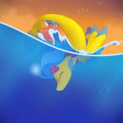 Size: 3638x3638 | Tagged: safe, artist:azilluwu, derpibooru import, princess skystar, seapony (g4), g4, bioluminescent, bubble, crepuscular rays, cute, digital art, dorsal fin, eyes closed, female, fin, fin wings, fins, fish tail, flower, flower in hair, flowing mane, flowing tail, happy, jewelry, necklace, ocean, pearl necklace, smiling, solo, sunlight, swimming, tail, underwater, water, wings