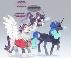 Size: 2210x1812 | Tagged: safe, artist:yozora122, derpibooru import, oc, oc only, oc:lapis lagoon, oc:marble quartz, oc:zephyr belle, pegasus, pony, unicorn, bell, bell collar, brother and sister, brothers, chest fluff, clothes, collar, dialogue, ear piercing, earmuffs, earring, female, flying, horn, horn ring, jewelry, leg warmers, male, mare, next generation, not luna, offspring, parent:rarity, parent:thunderlane, parents:rarilane, piercing, ring, scarf, siblings, speech bubble, spread wings, stallion, unshorn fetlocks, wings