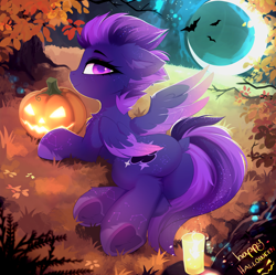 Size: 3394x3380 | Tagged: safe, artist:empress-twilight, derpibooru import, oc, oc only, oc:shadow galaxy, bat, pegasus, pony, body markings, butt, candle, commission, detailed background, dock, ear fluff, ears, ethereal mane, female, halloween, high res, holiday, hooves, jack-o-lantern, looking at you, looking back, looking back at you, lying down, mare, moon, outdoors, pegasus oc, plot, pumpkin, smiling, solo, starry mane, starry tail, starry wings, tail, underhoof, unshorn fetlocks, wings, ych result