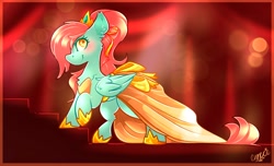 Size: 2752x1668 | Tagged: safe, artist:ezzerie, derpibooru import, oc, oc only, pegasus, pony, background, bow, clothes, crown, dress, female, jewelry, ponytail, regalia, shoes, solo, tiara