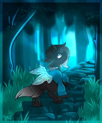 Size: 2322x2798 | Tagged: safe, artist:ezzerie, derpibooru import, oc, oc only, oc:split, changeling, pony, background, clothes, forest, grass, nature, outdoors, solo, sweater, trail, tree