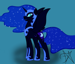 Size: 5660x4823 | Tagged: safe, artist:dawkinsdalmatian, derpibooru import, nightmare moon, alicorn, pony, blue background, female, mare, mlp fim's fourteenth anniversary, simple background, solo