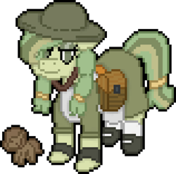 Size: 632x624 | Tagged: safe, artist:bloonacorn, derpibooru import, oc, oc:mae baskets, earth pony, apron, clothes, digital art, earth pony oc, figurine, helmet, pixel art, simple background, tranasparent background