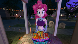 Size: 2560x1440 | Tagged: safe, artist:oatmeal!, derpibooru import, pinkie pie, ghost, human, undead, equestria girls, g4, 3d, bag, bare shoulders, belly, belly button, big breasts, breasts, candy, candy bag, clothes, costume, dc comics, decoration, food, gmod, gravestone, halloween, halloween costume, holiday, jack-o-lantern, looking at you, night, outdoors, pumpkin, short shirt, solo, standing, starfire, superhero, teen titans, trick or treat, wide eyes