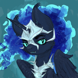 Size: 1056x1056 | Tagged: safe, artist:kovoranu, derpibooru import, nightmare moon, alicorn, pony, bust, fangs, mlp fim's fourteenth anniversary, portrait