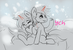 Size: 2360x1640 | Tagged: safe, derpibooru import, oc, alicorn, earth pony, pegasus, pony, unicorn, commission, community related, couple, cute, duo, heart, horn, snow, ych example, ych sketch, your character here