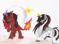 Size: 1591x1183 | Tagged: safe, artist:tazzy-girl, derpibooru import, oc, oc only, oc:braveheart, oc:poetic flare, dracony, dragon, hybrid, pony, unicorn, crying, female, horn, magic, male, mare, stallion, tail, tail of fire, traditional art