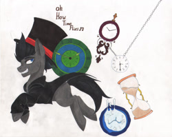 Size: 1947x1552 | Tagged: safe, artist:tazzy-girl, derpibooru import, oc, oc:locked heart, pony, clock, clothes, hat, hourglass, male, solo, stallion, top hat, traditional art