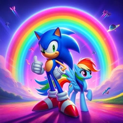 Size: 1024x1024 | Tagged: safe, ai content, derpibooru import, machine learning generated, rainbow dash, hedgehog, pegasus, pony, g4, best pony, cute, dashabetes, duo, duo male and female, female, heartwarming, hero dash, male, mare, prompter:bluey2309, rainbow, sonic the hedgehog, sonic the hedgehog (series), sweet dreams fuel