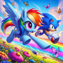 Size: 1024x1024 | Tagged: safe, ai content, derpibooru import, machine learning generated, rainbow dash, butterfly, hedgehog, pegasus, pony, g4, best pony, cute, dashabetes, female, flower, heartwarming, hero dash, male, nature, outdoors, prompter:bluey2309, rainbow, sonic the hedgehog, sonic the hedgehog (series), sweet dreams fuel