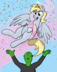 Size: 1523x1920 | Tagged: safe, derpibooru import, derpy hooves, oc, oc:anon, human, pegasus, pony, g4, 4chan, award, clothes, competition, confetti, crown, duo, duo male and female, female, happy, human and pony, human male, jewelry, looking at someone, male, mare, miss /mlp/, miss /mlp/ 2024, open mouth, open smile, question mark, regalia, shirt, smiling, solo, spread wings, trophy, wings