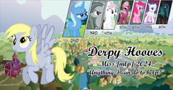 Size: 2833x1475 | Tagged: safe, derpibooru import, cheerilee, derpy hooves, marble pie, nurse redheart, pinkie pie, queen chrysalis, rarity, trixie, changeling, changeling queen, earth pony, pegasus, pony, unicorn, g4, 4chan, award, competition, female, flying, horn, mare, miss /mlp/, miss /mlp/ 2024, ponyville, smiling, spread wings, sweet apple acres, town, wings