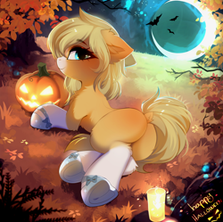 Size: 3394x3380 | Tagged: safe, artist:empress-twilight, derpibooru import, oc, oc only, oc:grace, earth pony, pony, butt, chest fluff, commission, crescent moon, dock, ear fluff, ears, female, fluffy, halloween, holiday, jack-o-lantern, lying down, mare, moon, plot, pumpkin, solo, tail, underhoof, ych result