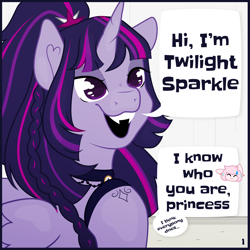 Size: 4500x4500 | Tagged: safe, artist:audreen, derpibooru import, twilight sparkle, twilight sparkle (alicorn), oc, alicorn, pony, alternate hairstyle, braid, duo, fangs, female, mare, open mouth, speech bubble, sweat