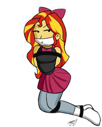 Size: 1024x1280 | Tagged: safe, derpibooru import, sunset shimmer, equestria girls, g4, bondage, bound and gagged, bow, cloth gag, gag, simple background, solo, white background