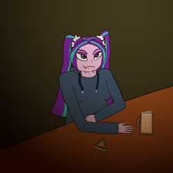 Size: 2000x2000 | Tagged: safe, artist:kuba18i, derpibooru import, aria blaze, human, equestria girls, g4, rainbow rocks, alcohol, ashtray, bar, beer, cigarette, clothes, digital art, disguise, disguised siren, eyeshadow, female, hoodie, makeup, mug, rainbow rocks 10th anniversary, smoking, solo, unamused