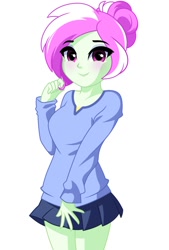 Size: 809x1200 | Tagged: safe, artist:rosemile mulberry, derpibooru import, oc, oc only, oc:rosemile mulberry, equestria girls, g4, blushing, clothes, hair bun, simple background, skirt, solo, sweater, white background