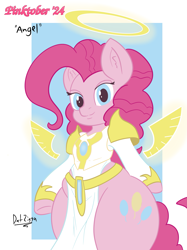 Size: 2731x3644 | Tagged: safe, artist:datzigga, derpibooru import, pinkie pie, angel, earth pony, pony, semi-anthro, g4, armor, female, floating wings, mare, pinktober, solo, ultrakill, wide hips, wings