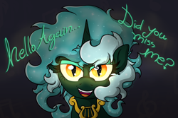 Size: 3245x2163 | Tagged: safe, artist:background basset, derpibooru import, lyra heartstrings, pony, unicorn, g4, abstract background, bust, dialogue, fangs, glowing, glowing eyes, horn, jewelry, looking at you, nightmare lyra, nightmarified, open mouth, solo, text