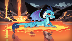 Size: 1792x1024 | Tagged: safe, ai content, derpibooru import, machine learning generated, princess ember, dragon, g4, lava, lavafall, prompter needed, solo