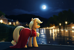 Size: 1216x832 | Tagged: safe, ai content, derpibooru import, machine learning generated, applejack, earth pony, pony, g4, clothes, dress, houses, lantern, moon, night, outdoors, prompter needed, red dress, reflection, river, scenery, solo, water