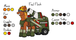 Size: 2001x1066 | Tagged: safe, artist:nukepony360, derpibooru import, oc, oc only, oc:final flash, earth pony, pony, armor, bandana, cannon, cart, command and conquer: generals, female, gauntlet, goggles, mare, nuclear cannon, reference sheet, simple background, solo, trolley, white background