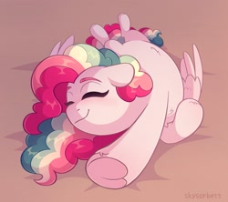 Size: 2151x1908 | Tagged: safe, artist:skysorbett, derpibooru import, oc, oc only, oc:sky sorbet, pegasus, pony, behaving like a cat, belly fluff, chest fluff, curly hair, curly mane, cute, eyes closed, female, flexible, lying down, mare, multicolored hair, ocbetes, on back, pegasus oc, smiling, solo, stretching, underhoof, wings