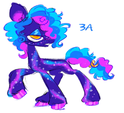 Size: 1531x1405 | Tagged: safe, artist:peaceandlove26, artist:twinklewish, derpibooru import, oc, oc only, earth pony, pony, 2021, ambiguous gender, blank flank, blue eyeshadow, blue text, coat markings, colored hooves, colored pinnae, colored pupils, curly hair, curly mane, curly tail, earth pony oc, eyeshadow, freckles, frown, golden eyes, hooves, leg markings, makeup, no catchlights, old art, pink hooves, profile, purple coat, raised hoof, raised leg, shiny hooves, simple background, standing on three hooves, tail, tail tie, three toned mane, three toned tail, tied tail, unnamed oc, white background, yellow pupils